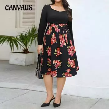Женское платье-трапеция с длинными рукавами и цветочным принтом, размер плюс, легкий ветерок для зрелого возраста 1XL чёрный