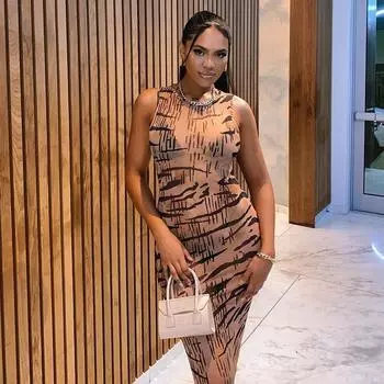 Женское платье-трапеция с принтом тигра, круглым вырезом, без рукавов, с запахом на бедрах, прозрачное, сексуальное, трендовое платье для вечеринок S хаки