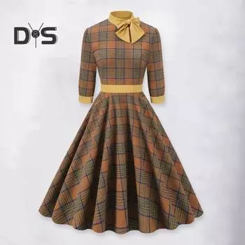Женское платье-трапеция с принтом в клетку на осень-зиму, с завязкой-бабочкой, высоким воротником и рукавами 3/4, платье-миди в стиле ретро с большим подолом M кофейный