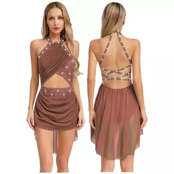 Женское платье-трико с открытой спиной, на бретелях, с прозрачной сетчатой накладкой и стразами для лирических танцевальных выступлений S бордовый