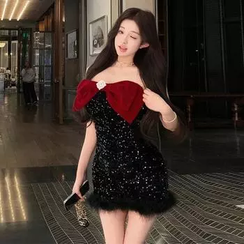 Женское платье-труба с французским бантом и пайетками, модное S