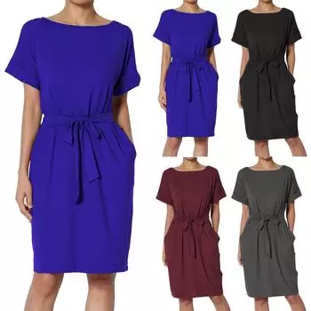 Женское платье-труба с короткими рукавами, завязывающееся на талии, с круглым вырезом и карманами, повседневное, для офиса L винный