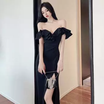 Женское платье-труба с открытыми плечами и разрезом на банкетном платье в стиле знаменитостей S чёрный