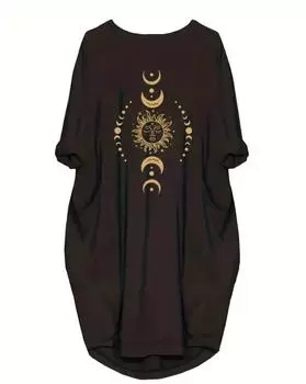 Женское платье-туника больших размеров с принтом «Луна и солнце», закатанными рукавами и большими карманами — удобная и стильная повседневная одежда 1XL чёрный