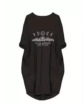 Женское платье-туника больших размеров с принтом «Луна и солнце», закатанными рукавами и большими карманами — удобная и стильная повседневная одежда 1XL чёрный