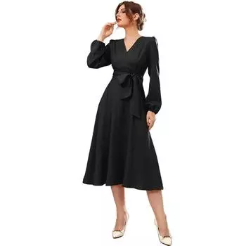 Женское платье-туника из полиэстера А-силуэта с V-образным вырезом, рукавами-епископом и поясом VF-507 S