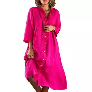 Женское платье-туника на пуговицах, повседневное платье-миди с рукавом 3/4 и круглым вырезом, летнее пляжное платье-футболка для отпуска M розы красного