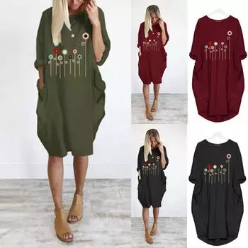 Женское платье-туника с цветочным принтом и длинными рукавами, карманы, платье-футболка больших размеров