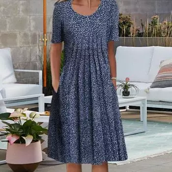 Женское платье-туника с цветочным принтом, короткими рукавами, круглым вырезом, плиссированным миди-платьем с карманами, летнее бохо-расклешенное платье-сарафан S синий