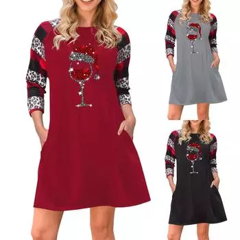 Женское платье-туника с рождественским принтом и длинными рукавами, карманы, платье-футболка больших размеров L чёрный