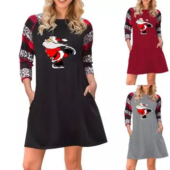 Женское платье-туника с рождественским принтом и длинными рукавами, карманы, платье-футболка больших размеров