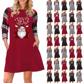 Женское платье-туника с рождественским принтом и длинными рукавами, карманы, платье-футболка больших размеров