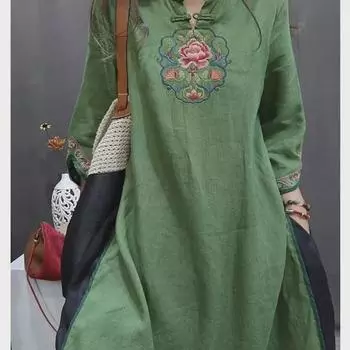 Женское платье-юбка в китайском стиле с вышивкой в стиле ретро - Большие размеры M 80-100 зелёный
