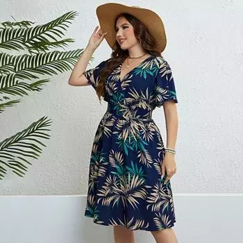 Женское платье, удобное эластичное платье с v-образным вырезом на талии, летнее платье с принтом листьев для праздничной вечеринки на открытом воздухе 2XL синий