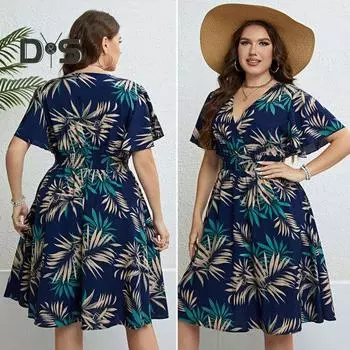 Женское платье, удобное, эластичное, с V-образным вырезом, макси-платье с принтом листьев, летнее платье для праздничной вечеринки на открытом воздухе XL синий