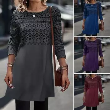 Женское платье, удобное стильное элегантное повседневное короткое платье с длинным рукавом и круглым вырезом с принтом для повседневной носки 3XL серый