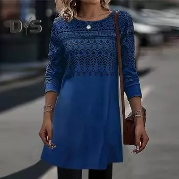 Женское платье, удобное стильное элегантное повседневное короткое платье с длинным рукавом и круглым вырезом с принтом для повседневной носки 3XL серый