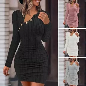 Женское платье Узкий эластичный длинный полосатый косой рукав с пуговицами Декор шеи Мягкая оболочка Slim Fit пуловер выше колена 2XL чёрный