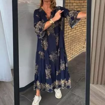 Женское платье V-стиль с цифровым принтом Свободное плиссированное трапециевидное платье с большим качающимся вырезом в богемном стиле с длинными рукавами для отпуска L темно-синий