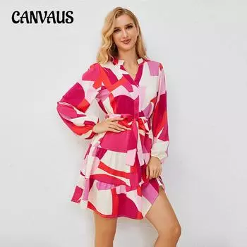 Женское платье Весенне-летние платья Винтажные платья с v-образным вырезом и длинными рукавами S красный