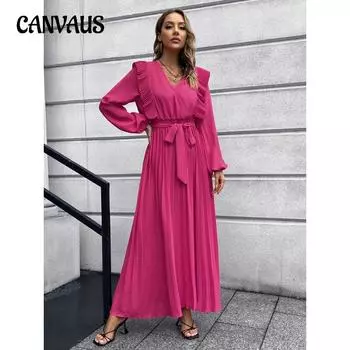 Женское платье Весна и осень Темпераментный V-образный вырез Большие свободные плиссированные платья Длинные платья S розы красного