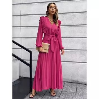 Женское платье Весна и осень Темпераментный V-образный вырез Большие свободные плиссированные платья Длинные платья S розы красного