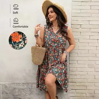 Женское платье Весна/Лето Темперамент Элегантная Мода Платье Без Рукавов с Принтом, Омолаживающим Возраст 1XL зелёный