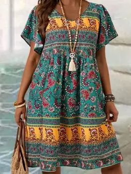 Женское платье в богемном стиле с цветочным принтом, V-образным вырезом и короткими рукавами, с геометрическими узорами S зелёный