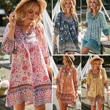 Женское платье в богемном стиле с цветочным принтом, V-образным вырезом, шнуровкой, длинными рукавами, лоскутное плиссированное свободное платье M синий