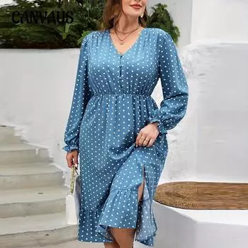 Женское платье в горошек больших размеров, осеннее платье-трапеция с длинными рукавами и небольшим маятником 1XL синий/белый