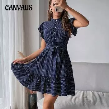 Женское платье в горошек с оборками на рукавах, летнее, с завязками на талии, юбка А-силуэта S темно-синий