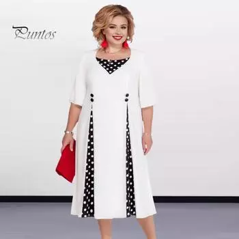 Женское платье в горошек с принтом в стиле пэчворк контрастного цвета плюс размер с круглым вырезом трапециевидной формы со свободным подолом и пуговицами, декор с половиной рукава, официальное весеннее платье-миди L белый
