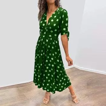 Женское платье в горошек с V-образным вырезом, однобортное, с тонкой талией, трапециевидной формы, с большим подолом, на шнуровке, с короткими манжетами L чёрный