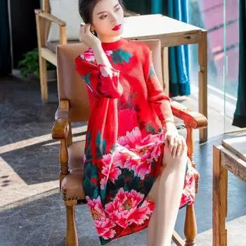 Женское платье в китайском стиле, модное свободное платье с складками, женское осеннее новое длинное платье-юбка с семиточечным рукавом и принтом M зелёный