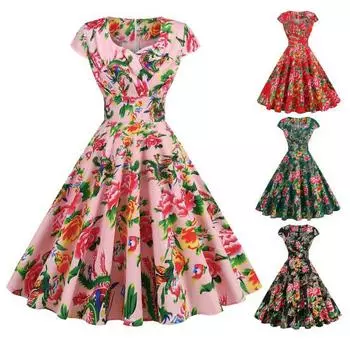 Женское платье в китайском стиле с цветочным принтом и V-образным вырезом с коротким рукавом в этническом стиле трапециевидной формы с большими качелями с высокой талией и красочной спиной со скрытой молнией для вечеринки, выпускного вечера, миди-платья M
