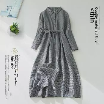 Женское платье в клетку из хлопка и льна с отделкой на шнуровке, весна/осень 2024 г. Medium