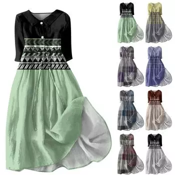 Женское платье в клетку с цветными блоками и пуговицами с лацканами и рукавами три четверти с завязками L чёрный