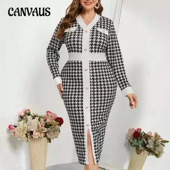 Женское платье в клетку «Тысяча птиц» с длинным рукавом в рубчик, модное, темпераментное, большого размера, платья с цветовым столкновением и V-образным вырезом 0XL