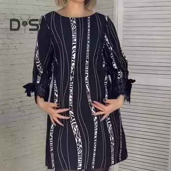 Женское платье в полоску, подходящая по цвету, круглый вырез, рукава три четверти, свободная длина выше колена, карманы, кружевное лоскутное женское мини-платье 3XL чёрный