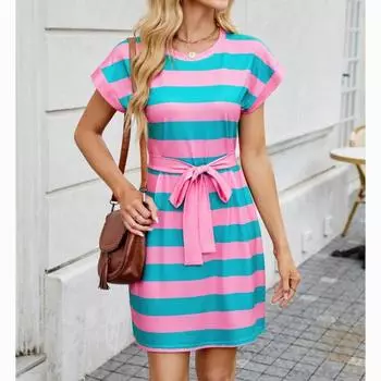 Женское платье в полоску с круглым вырезом и короткими рукавами, повседневное платье с карманом на поясе, весна-лето S белый/синий