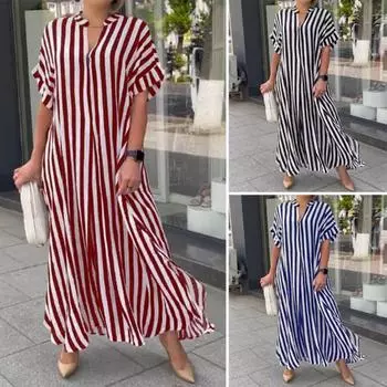 Женское платье в полоску с принтом в тон, с V-образным вырезом и короткими рукавами, свободное трапециевидное платье с боковым разрезом, повседневное платье макси, летнее длинное платье M синий