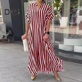 Женское платье в полоску с принтом в тон, с V-образным вырезом и короткими рукавами, свободное трапециевидное платье с боковым разрезом, повседневное платье макси, летнее длинное платье M красный