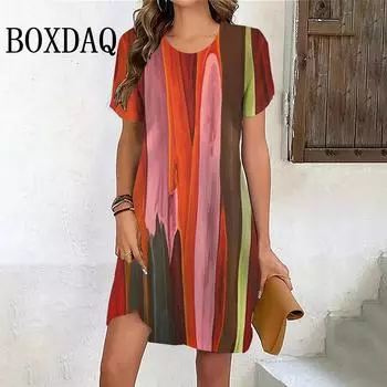 Женское платье в полоску с рисунком, летняя мода, уличное свободное мини-платье с круглым вырезом, повседневные винтажные платья А-силуэта с коротким рукавом S