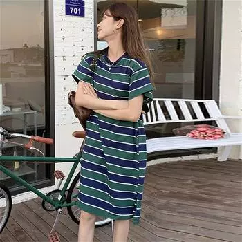 Женское платье в полоску со скрытыми боковыми карманами, летнее, корейское, средней длины, свободный разрез, чтобы показать тонкий One Size зелёный/синий