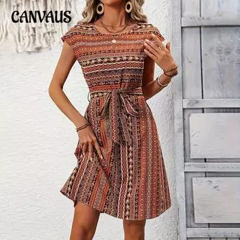 Женское платье в полоску в этническом стиле весна-лето, платье-трапеция с завязкой на поясе, платья миди с рукавом три четверти S