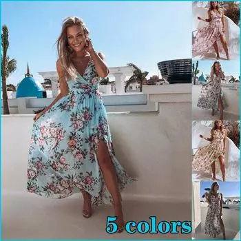 Женское платье в стиле бохо, длинная юбка с цветочным принтом и глубоким V-образным вырезом, летнее пляжное вечернее платье, сарафан без рукавов, длинное платье с разрезом 2XL синий