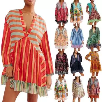 Женское платье в стиле бохо, повседневное свободное платье макси с короткими рукавами и нагрудником L армия зеленый