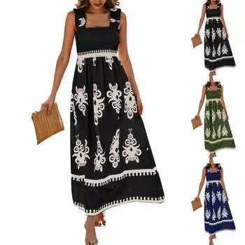 Женское платье в стиле бохо, повседневное, без рукавов, с квадратным вырезом, с цветочным принтом, А-силуэта, пляжные платья M