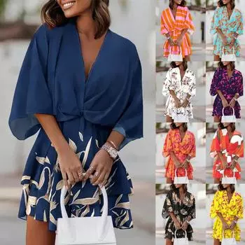 Женское платье в стиле бохо с цветочным принтом, летние сексуальные свободные платья с v-образным вырезом и рукавами «летучая мышь», на шнуровке, женское пляжное праздничное мини-платье, одежда S чёрный