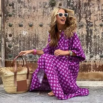 Женское платье в стиле бохо с V-образным вырезом, рукавами-фонариками, А-силуэтом, с плиссировкой и принтом, длиной до середины голени, пляжное платье для отдыха M фиолетовый